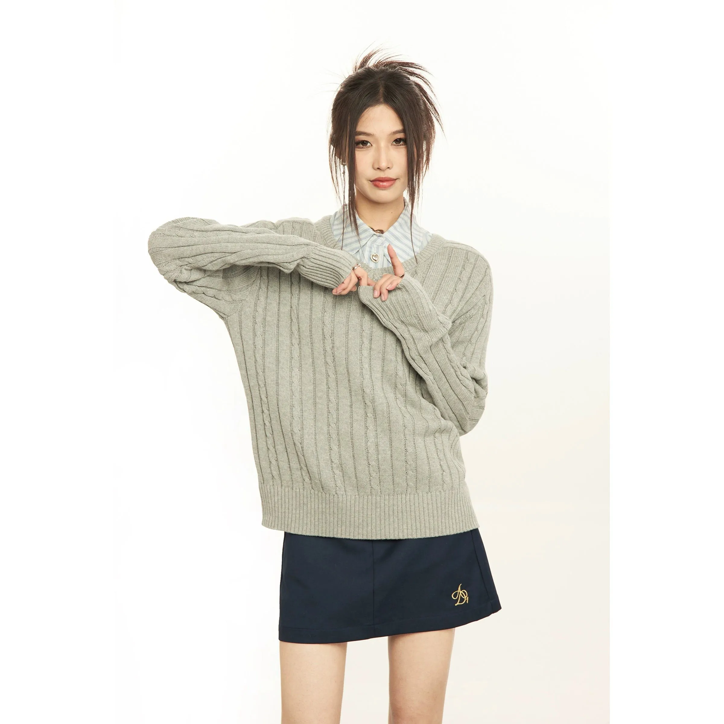 Mina Cozy Fit Cable Knit V-Neck Sweater