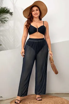 Plus Size Sheer Ruched Elastic Waist Wide Leg Beach Swimwear Cover Up Pants