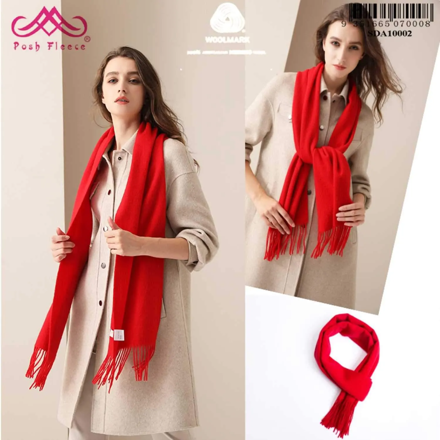 POSH FLEECE Pure Wool Scarf with Fringe Red