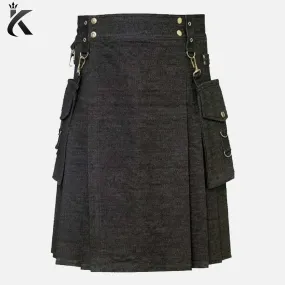 Premium Scottish Black Denim Utility Kilt For Men - Scottish Tradition