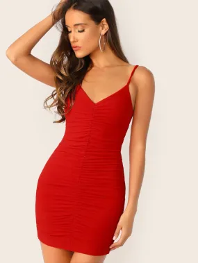 Red Spaghetti Strap Sleeveless Solid Ruched Bodycon Slip Dress