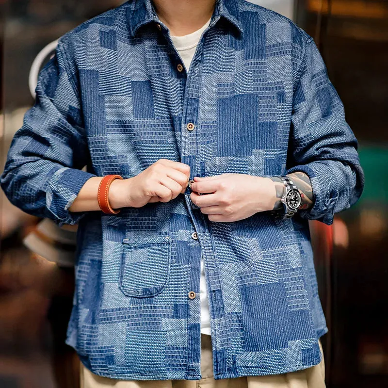 Retro Boro Baijia Cloth Denim Shirt with Jacquard Splicing - Long-sleeved Men's Jacket