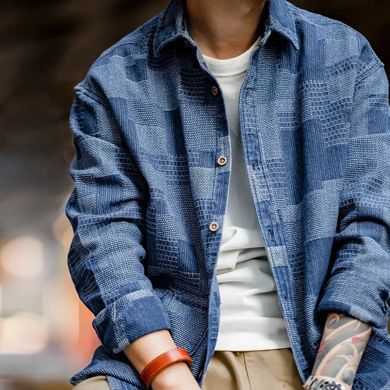 Retro Boro Baijia Cloth Denim Shirt with Jacquard Splicing - Long-sleeved Men's Jacket