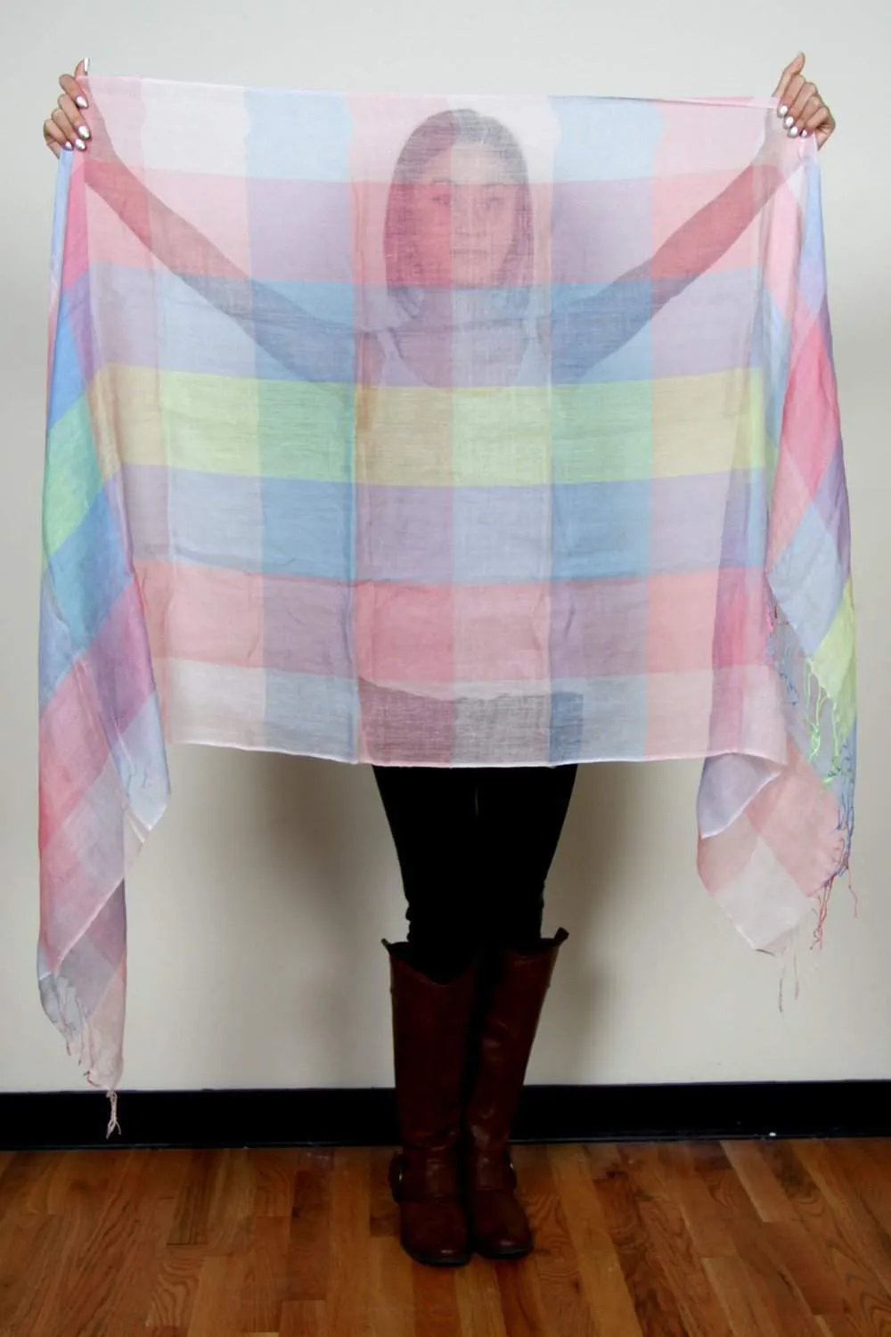 Scarf / Pastel Blue Green Peach / Plaid / Unisex