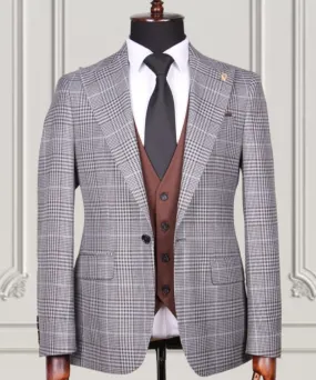 Silver Brown Check Slim Fit Suit