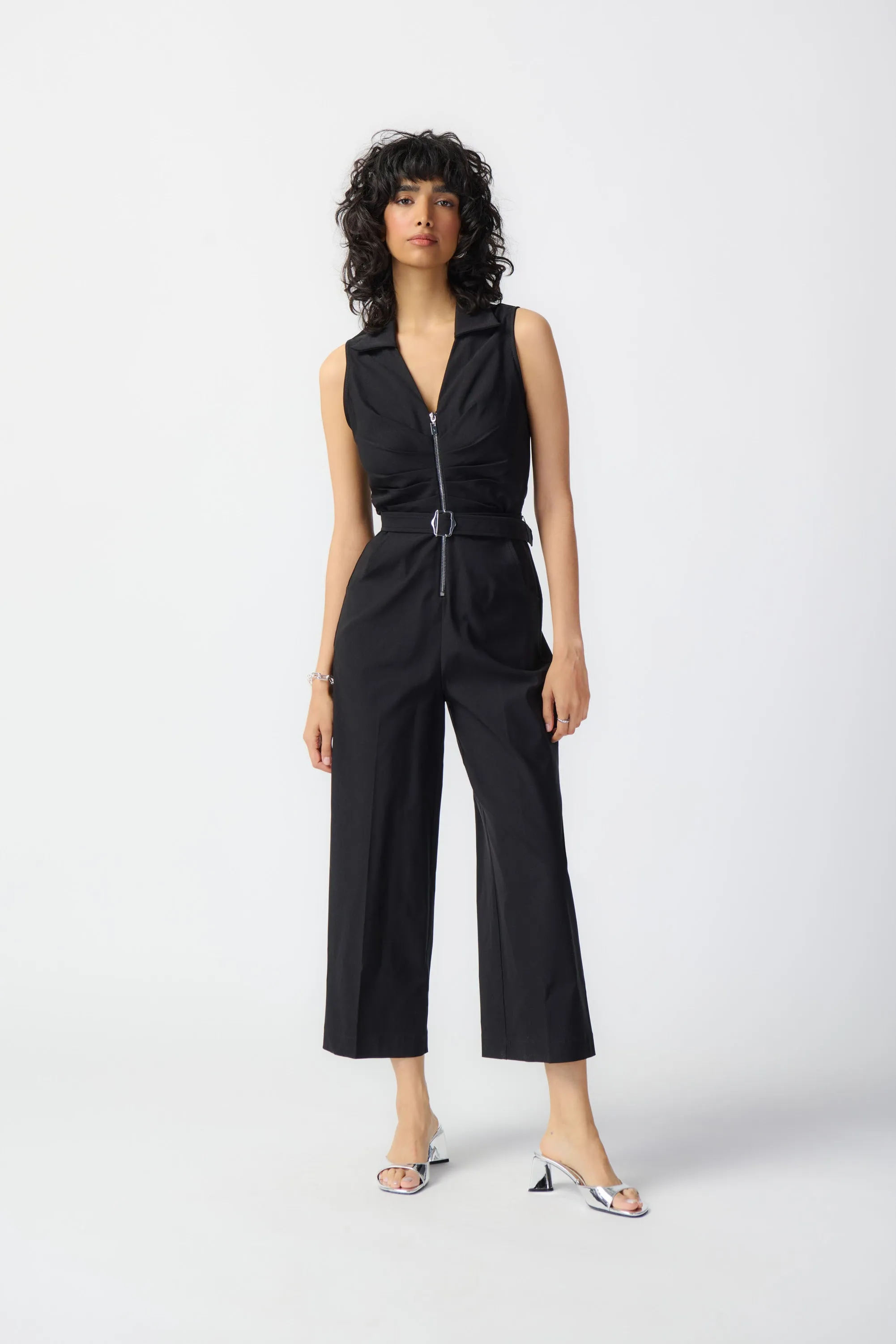 Sleeveless Zip Front Jump Suit W/Belt
