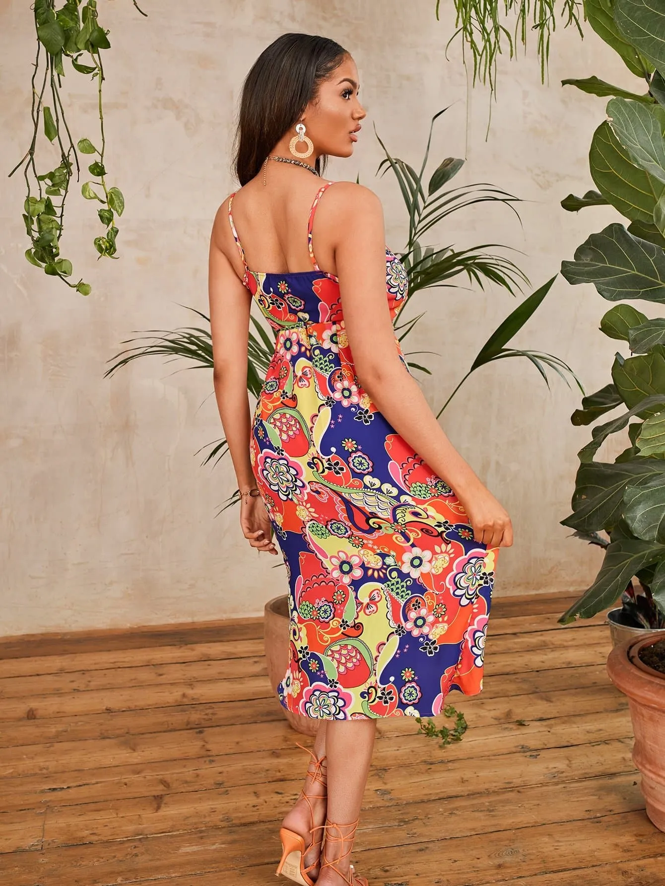 Spaghetti Strap Sleeveless Floral Print Wrap Belted Slim Fit Slip Dress