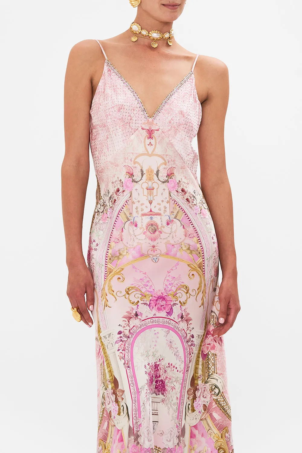 V NECK FULL LENGTH BIAS SLIP DRESS FRESCO FAIRYTALE