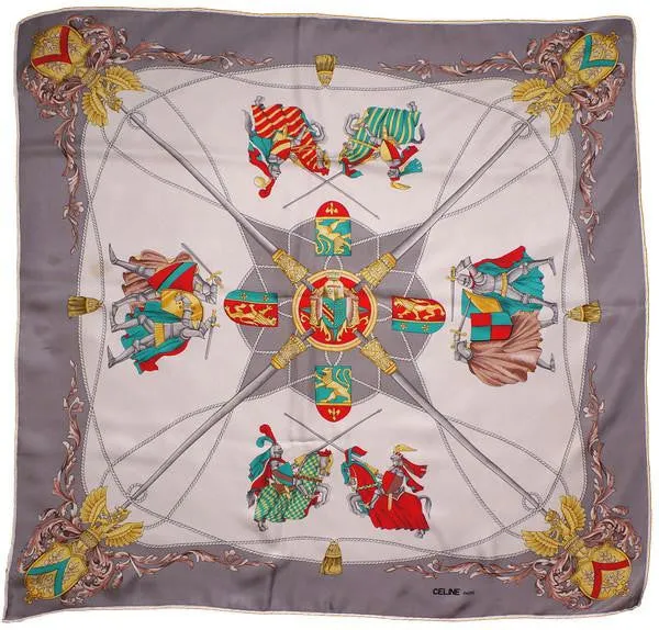 Vintage Celine Paris Silk Twill Scarf Jousting Knights Pattern