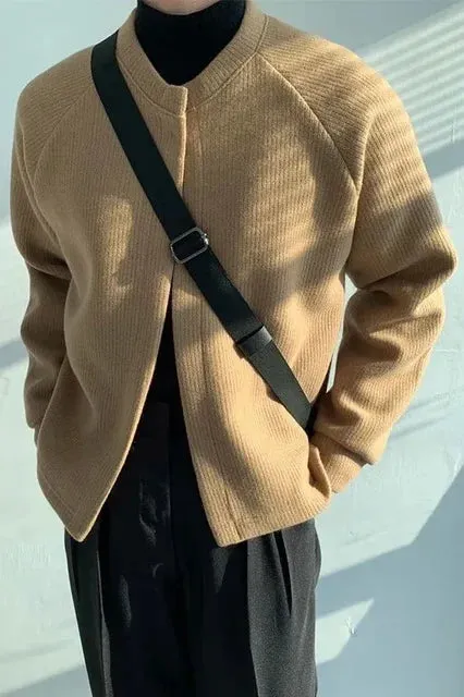 Wiaofellas Autumn/winter Round Neck Knitted Cardigan Jacket for Men's Korean Version Trendy Loose Fitting Japanese Versatile Sweater Jacket