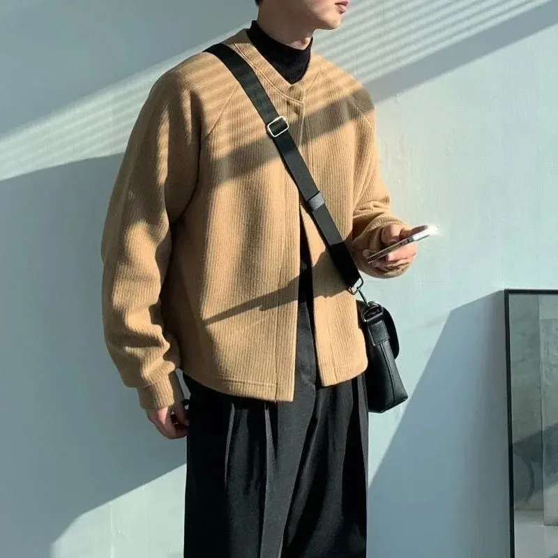 Wiaofellas Autumn/winter Round Neck Knitted Cardigan Jacket for Men's Korean Version Trendy Loose Fitting Japanese Versatile Sweater Jacket