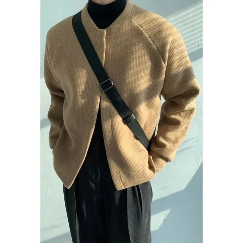 Wiaofellas Autumn/winter Round Neck Knitted Cardigan Jacket for Men's Korean Version Trendy Loose Fitting Japanese Versatile Sweater Jacket