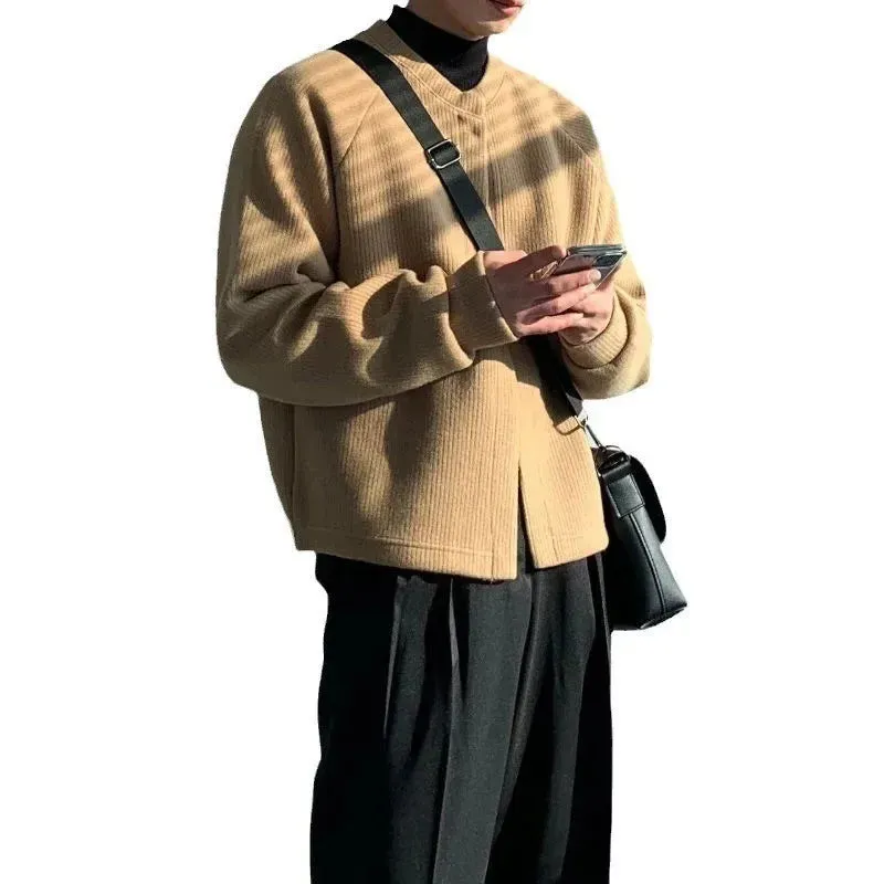Wiaofellas Autumn/winter Round Neck Knitted Cardigan Jacket for Men's Korean Version Trendy Loose Fitting Japanese Versatile Sweater Jacket
