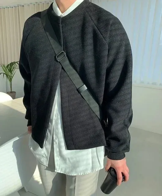 Wiaofellas Autumn/winter Round Neck Knitted Cardigan Jacket for Men's Korean Version Trendy Loose Fitting Japanese Versatile Sweater Jacket
