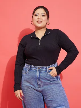 Women Black Rib Front Zipper Top