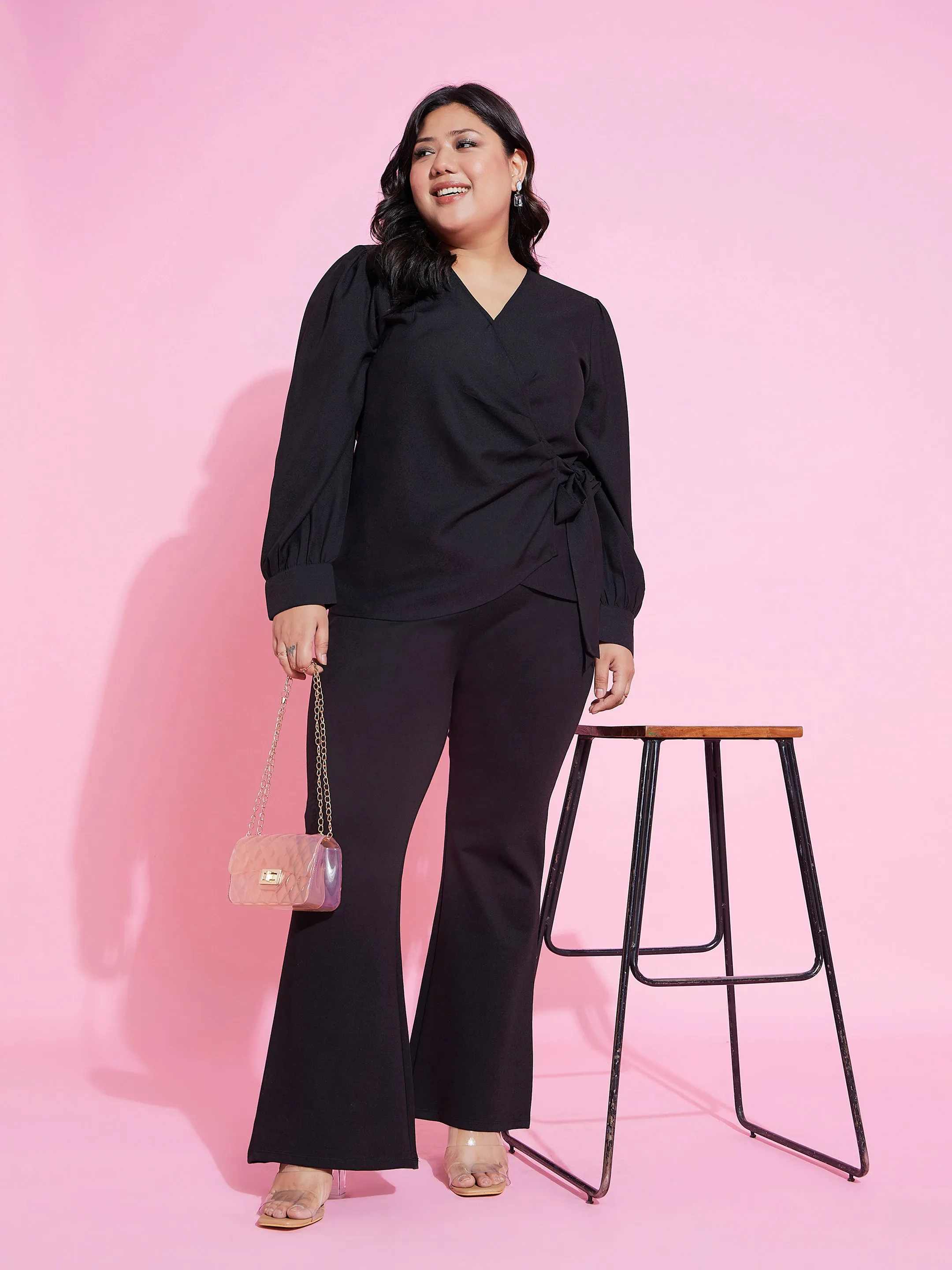 Women Black Side Knot Peplum Top