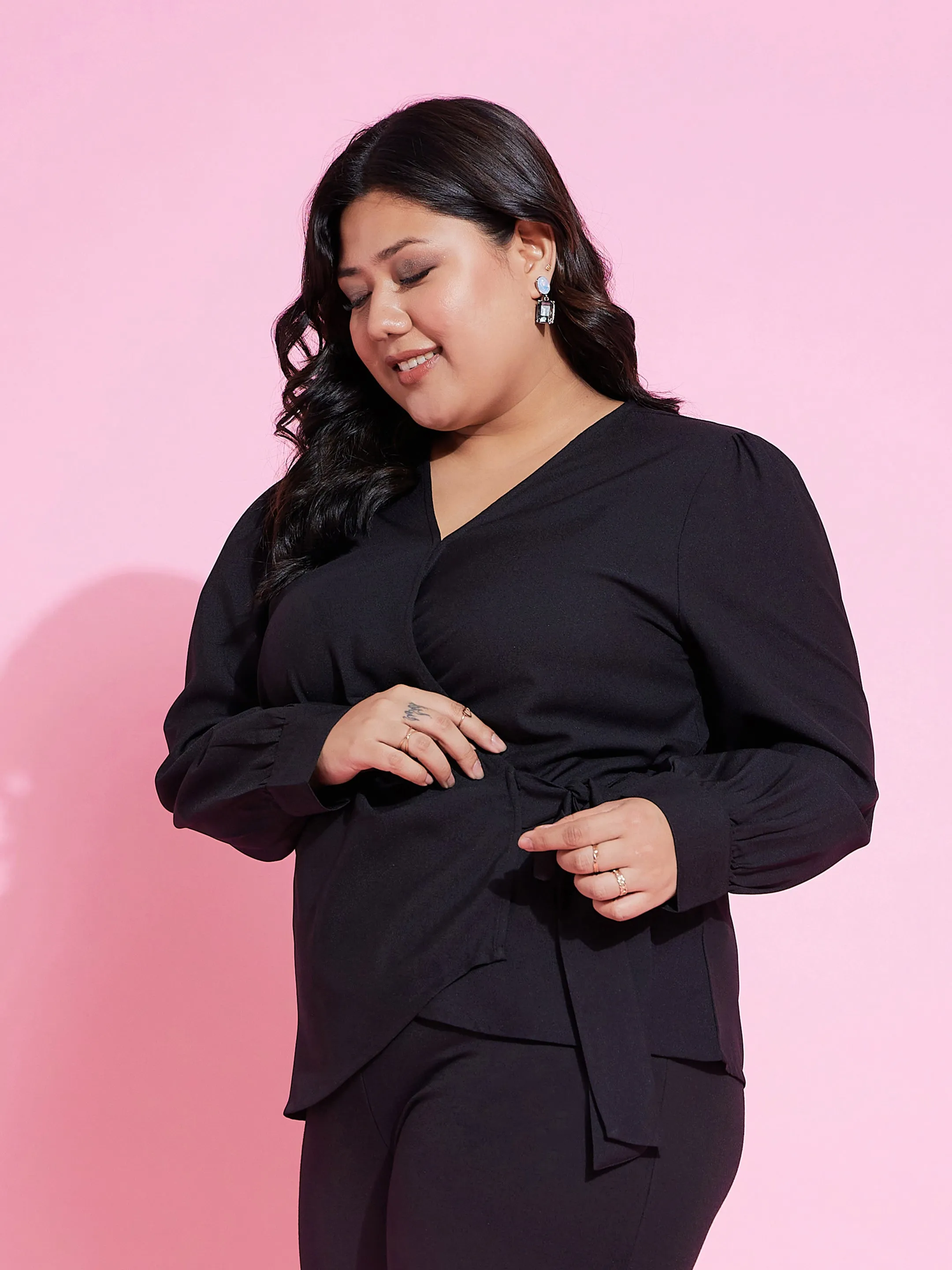 Women Black Side Knot Peplum Top