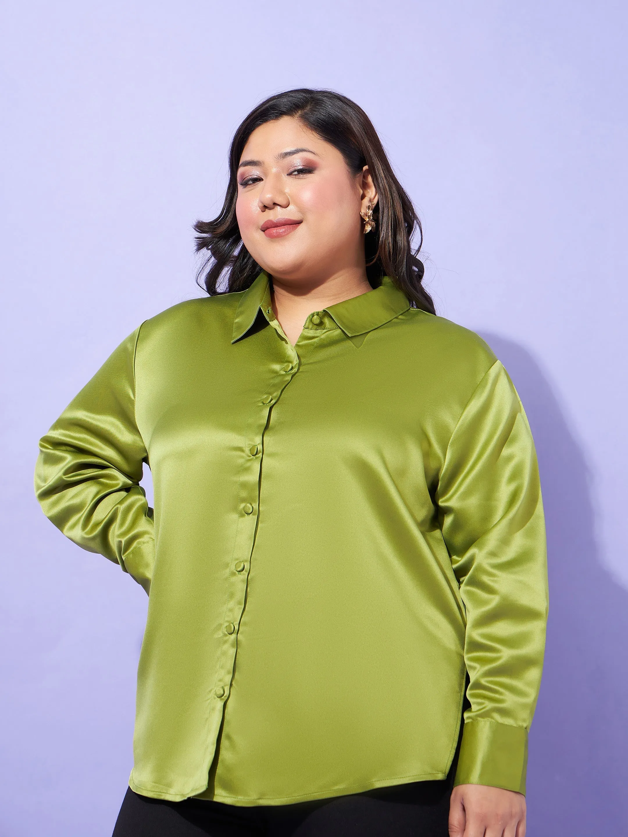 Women Olive Regular Satin Shirt