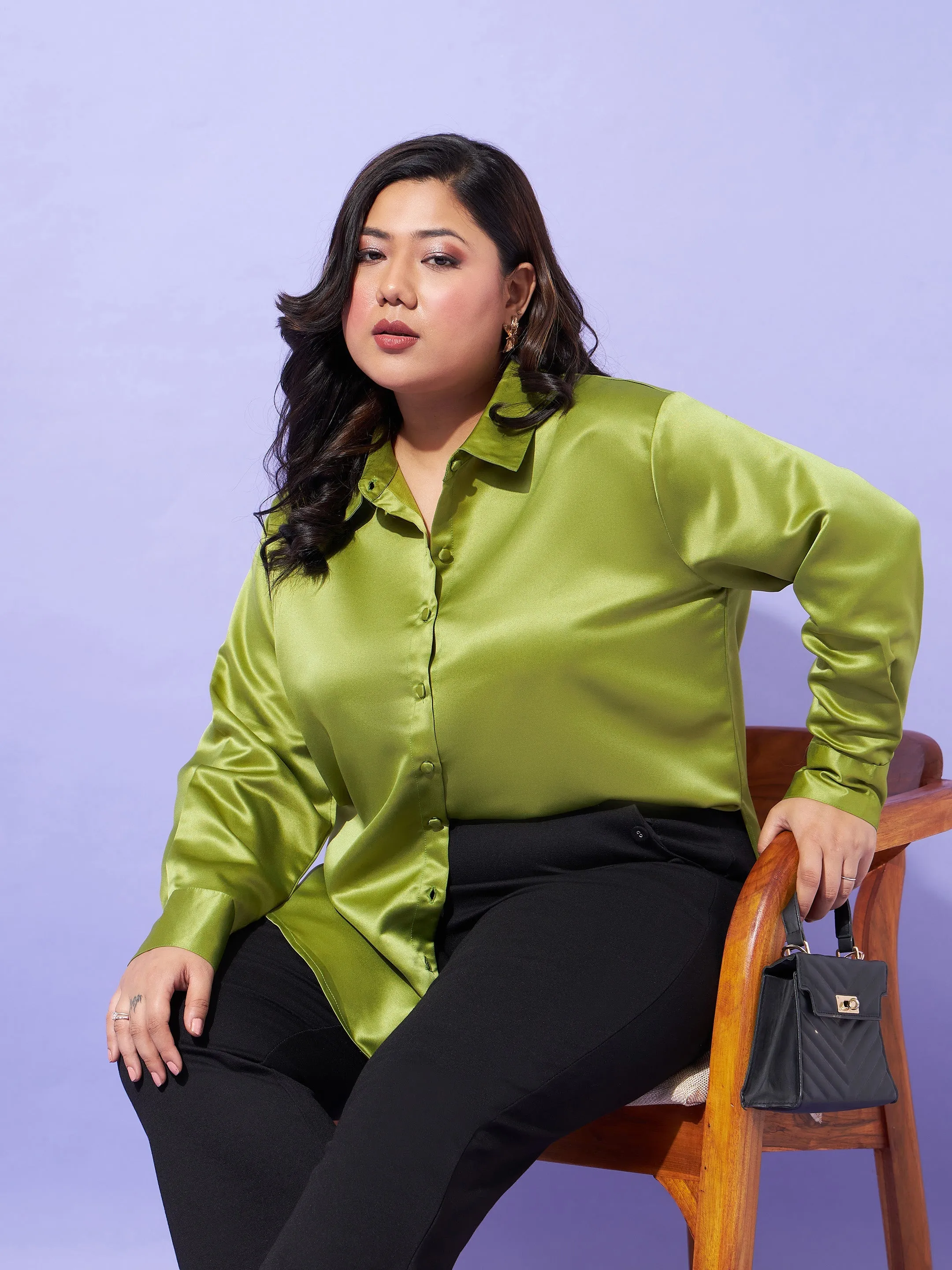 Women Olive Regular Satin Shirt