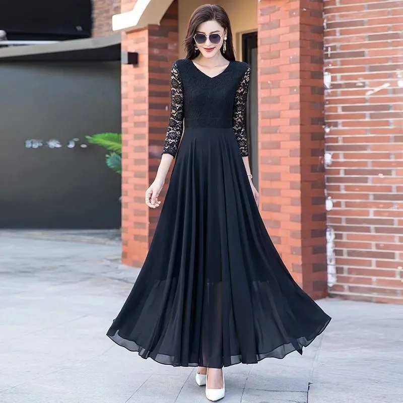 Women Summer Large Swing Lace Patchwork Chiffon V-neck Dress Beach Solid Color High Waist Slim Elegant Long Dress - WD8075