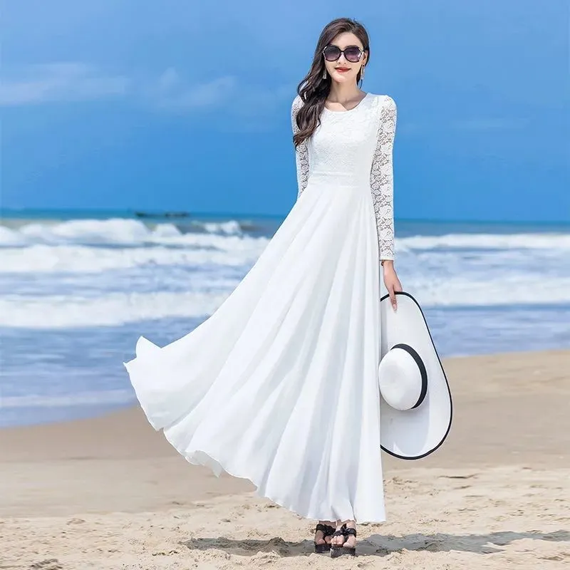 Women Summer Large Swing Lace Patchwork Chiffon V-neck Dress Beach Solid Color High Waist Slim Elegant Long Dress - WD8075